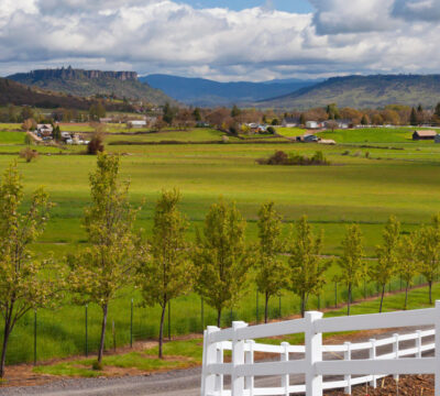 View of Southern Oregon farmland with green fields, white fences, and Table Rock mountain in the background under a cloudy sky